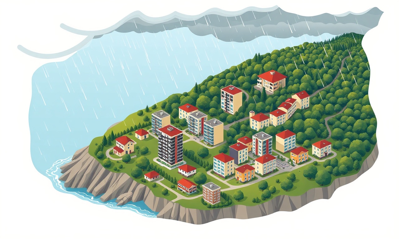 Kurucasile Bartın'da Karadeniz kıyısındaki apartman ve site binaları izometrik illüstrasyon