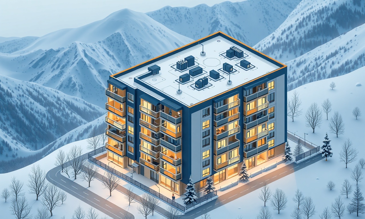 Doğu Anadolu'da kış manzarasıyla apartman bloku, lacivert ve altın rengi izometrik illüstrasyon