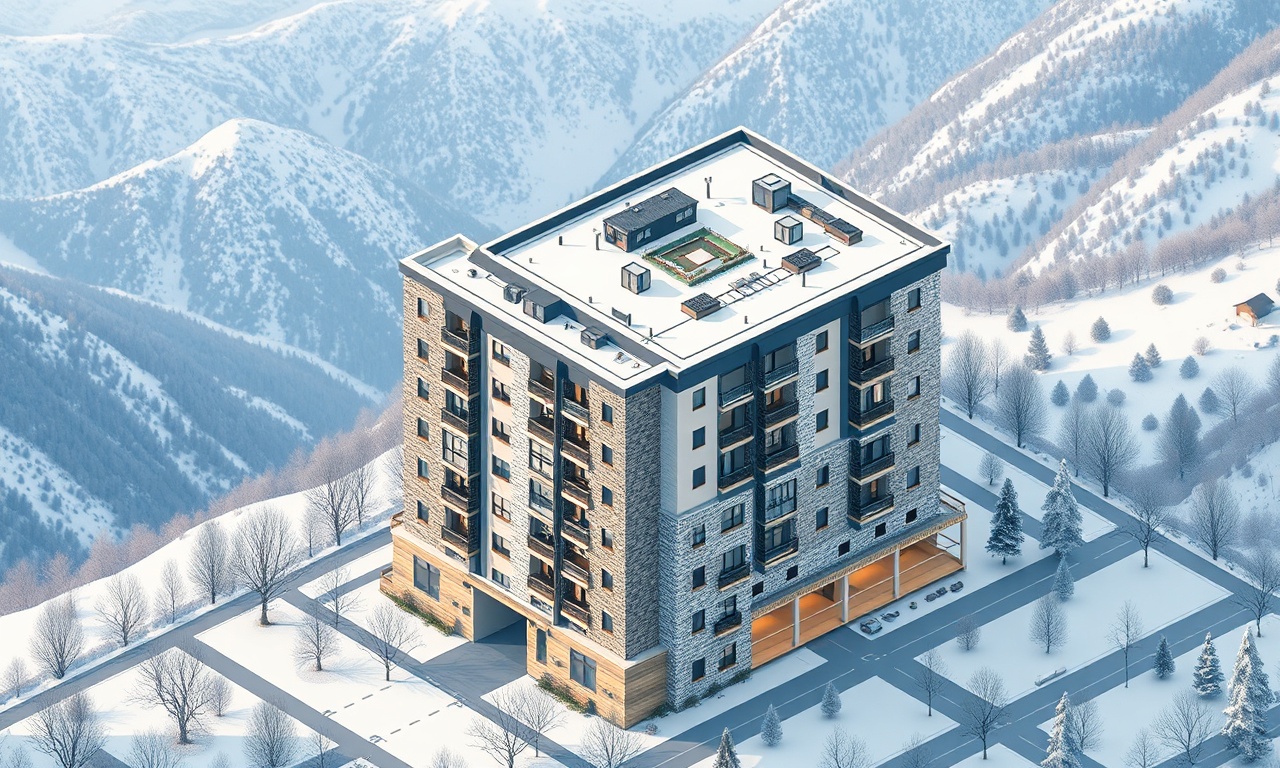 Bingöl Merkez'de kışın karlı dağlar arka planında apartman silueti, lacivert ve altın renk paleti
