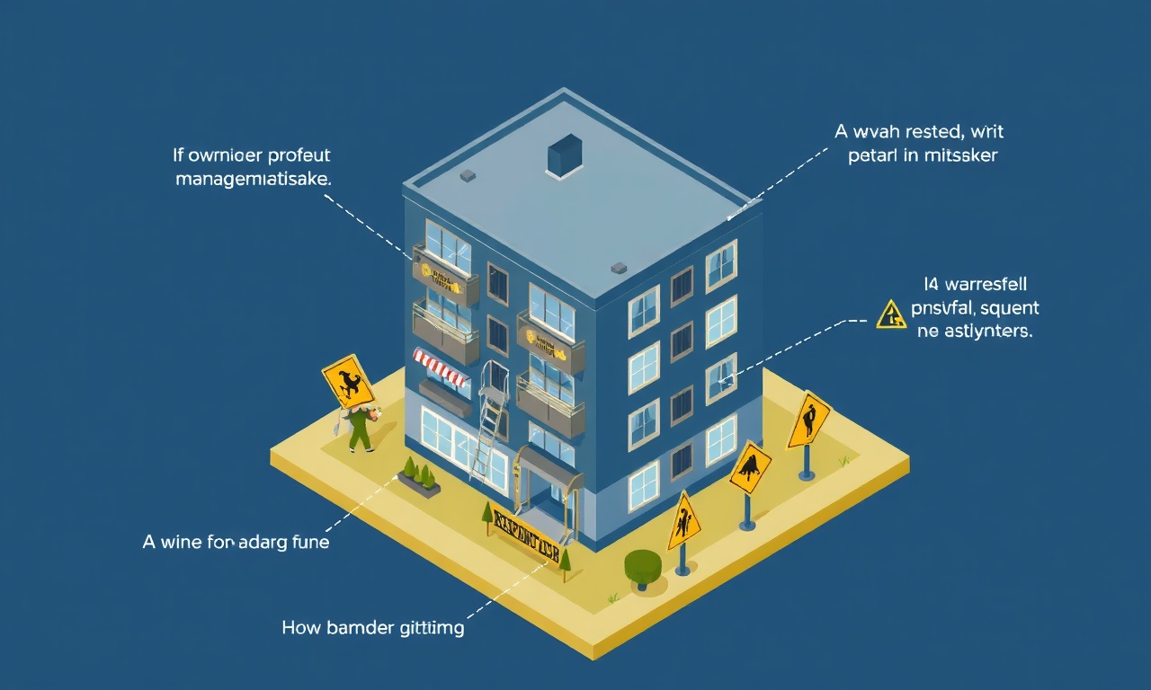 Yeni site yöneticilerinin sık yaptığı hatalar, uyarı işaretleriyle apartman binası, izometrik illüstrasyon