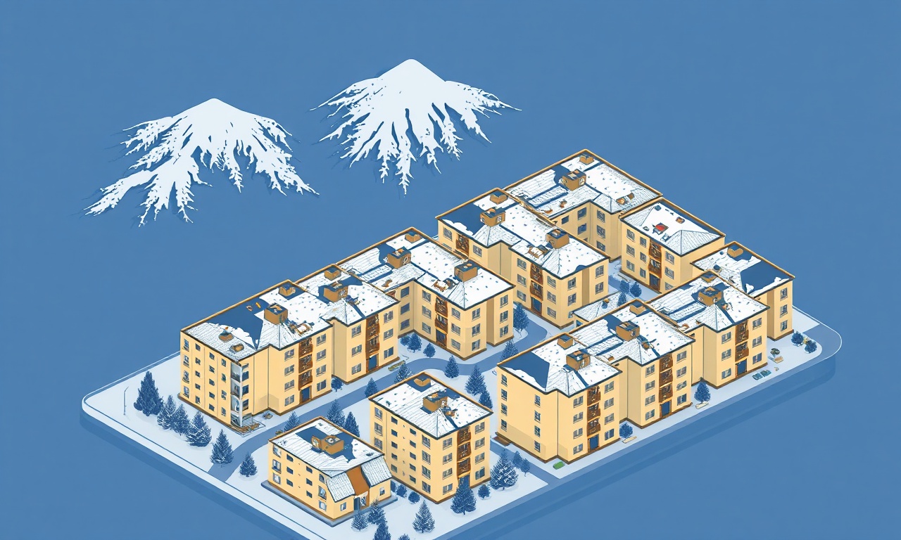 Doğu Anadolu'da dağ manzaralı apartman bloklarının izometrik illüstrasyonu, lacivert ve altın tonları