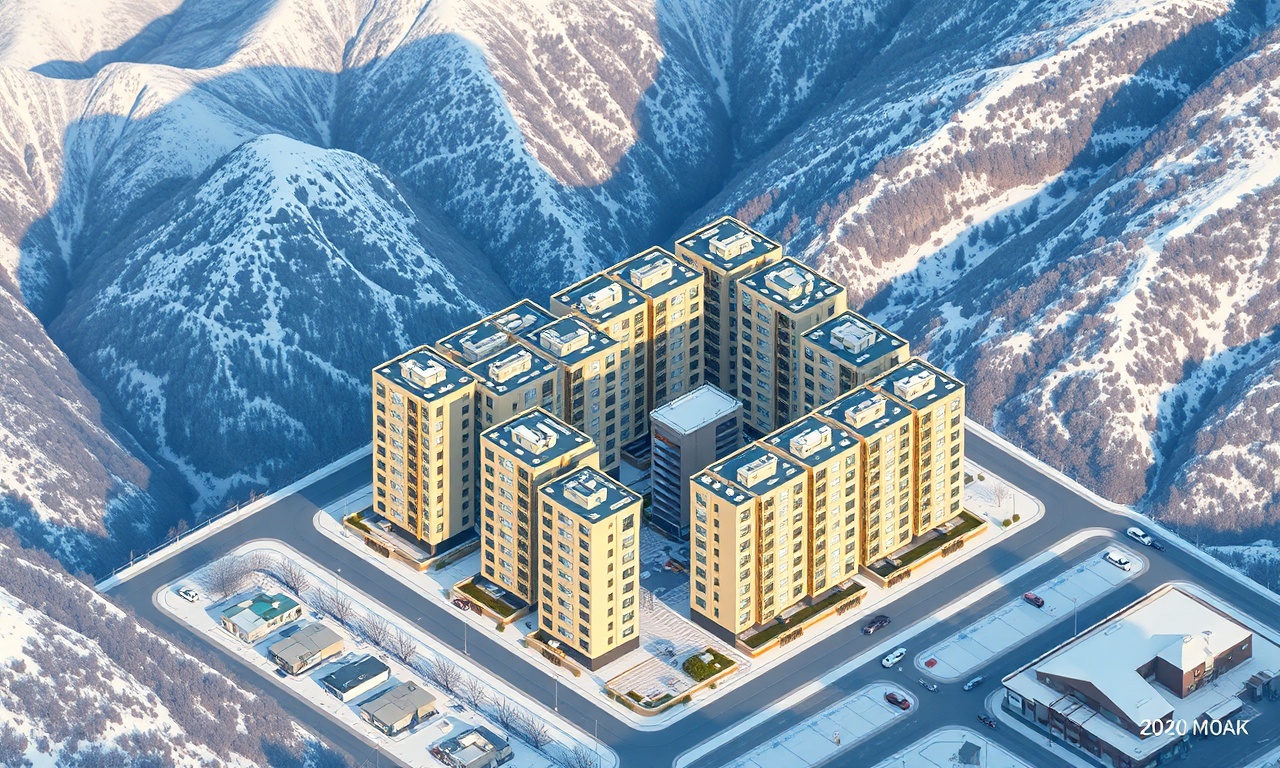 Bitlis Merkez'de dağlarla çevrili konut sitesi izometrik illüstrasyonu, lacivert ve altın renk paleti