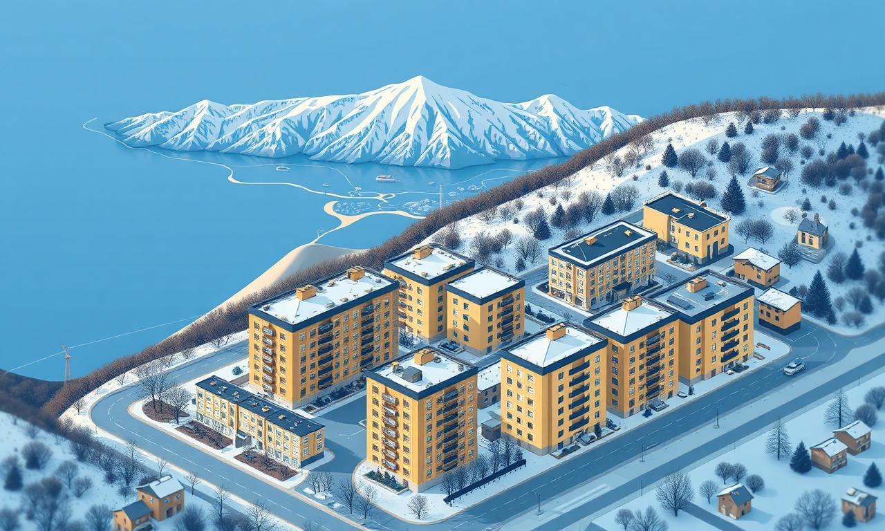 Tatvan ve Van Gölü kıyısı izometrik apartman silueti, lacivert ve altın renk paleti