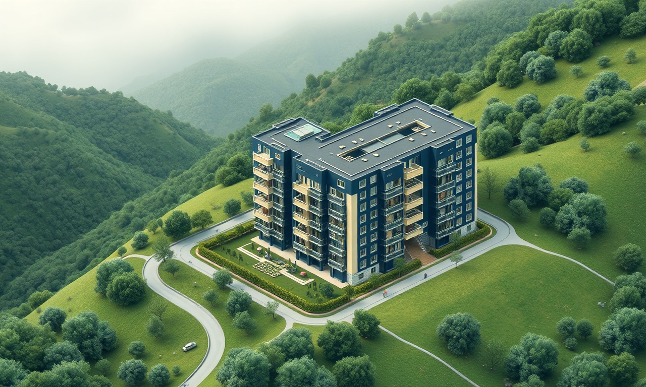 Dortdivan Bolu'da Karadeniz iklimine özgü yeşil tepeler arasında bir apartman binası, lacivert ve altın renk paleti