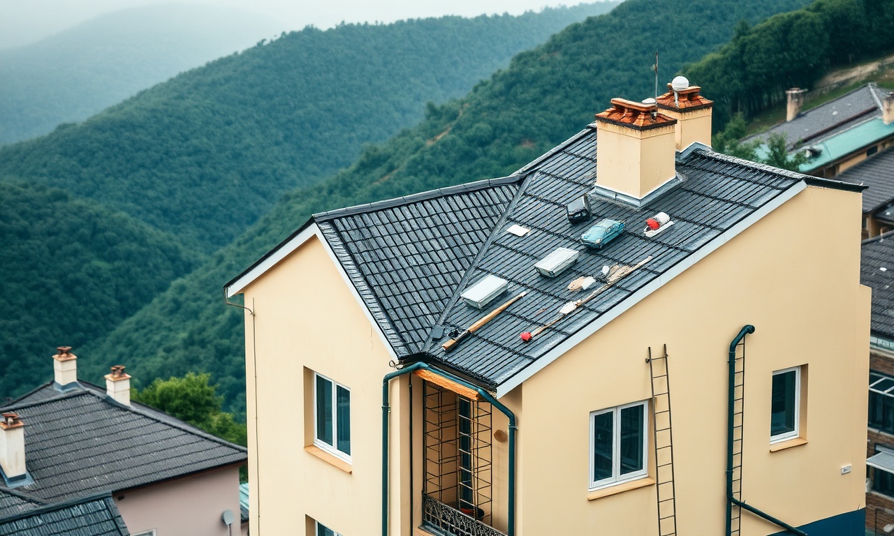 Karadeniz ikliminde yağışlı mevsimde çatı tahliyesi ve cephe onarımı yapılan apartman; Bolu Dortdivan yeşil tepeler arka planı