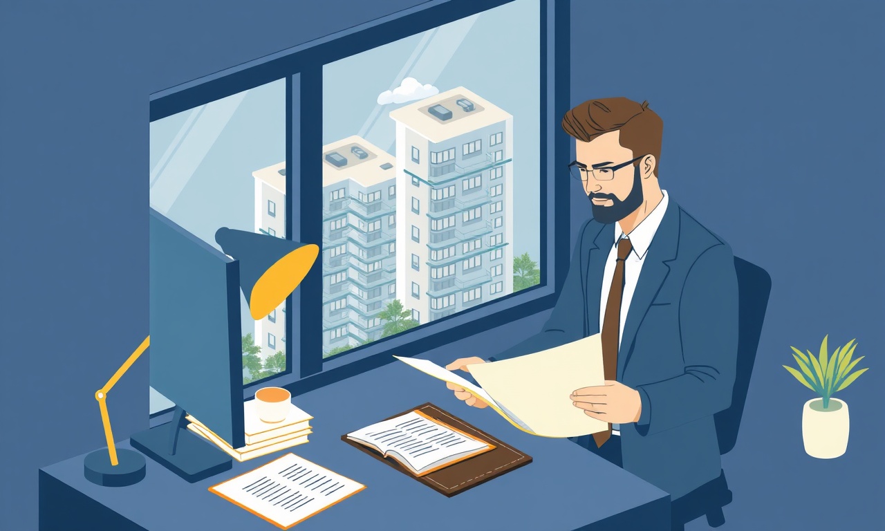 Yeni site yöneticisi devir-teslim evraklarını incelerken apartman binası arka planda — isometrik illüstrasyon