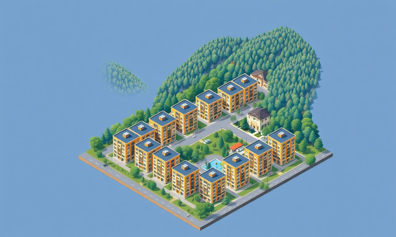 Kibriscik, Bolu ilçesinde yeşil dağlar arasında konumlanan apartman binaları izometrik illüstrasyon