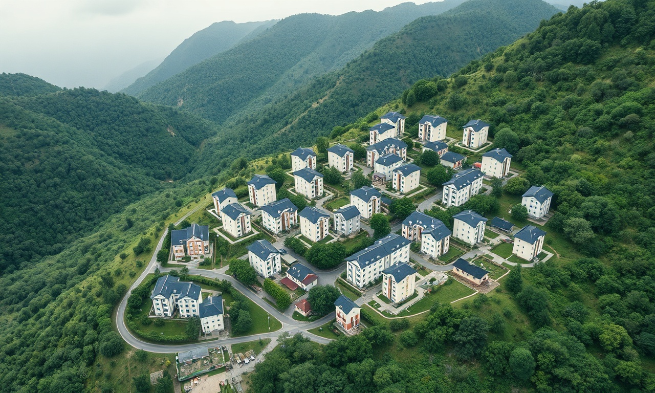 Seben ilçesinde yeşil yüksek dağ yamaçlarına yaslanmış apartman ve konut binaları — Bolu'nun nemli iklimini yansıtan illüstrasyon