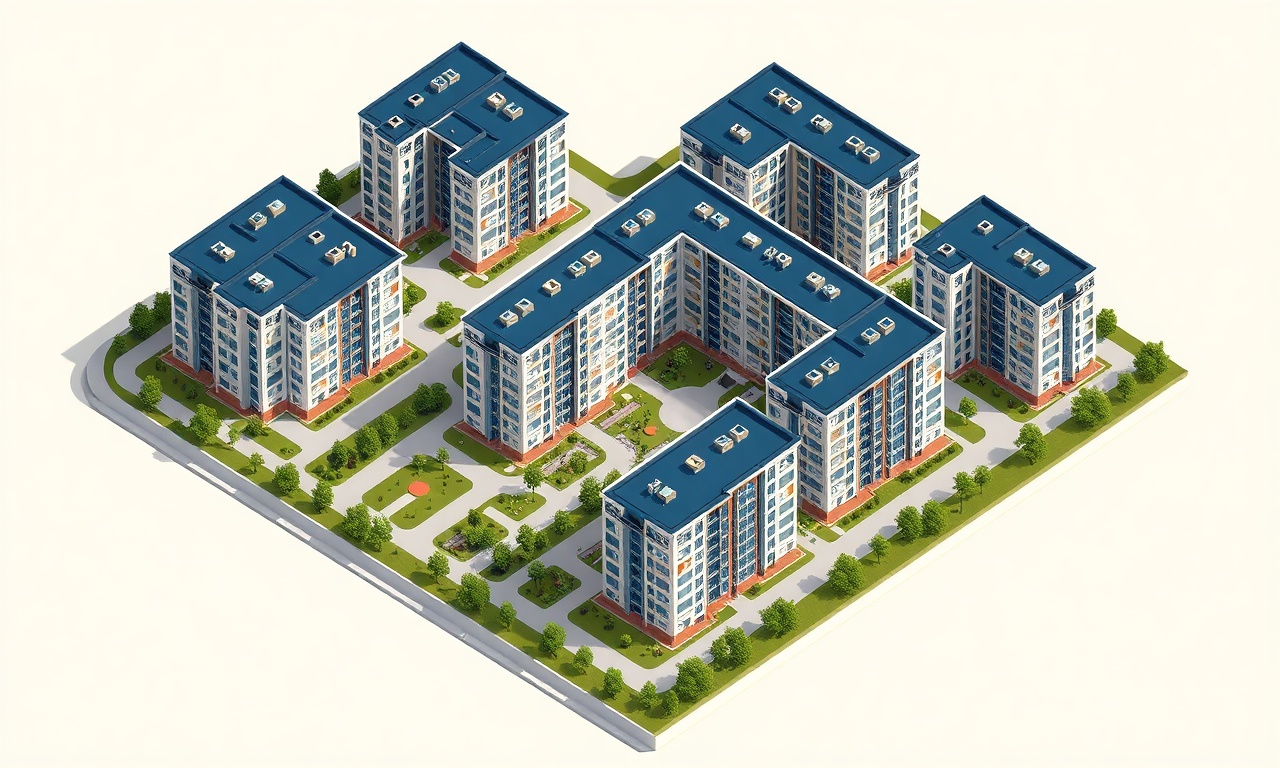 Gorukle Bursa'da çok bloklu konut sitesi izometrik illüstrasyonu, lacivert ve altın renk paleti