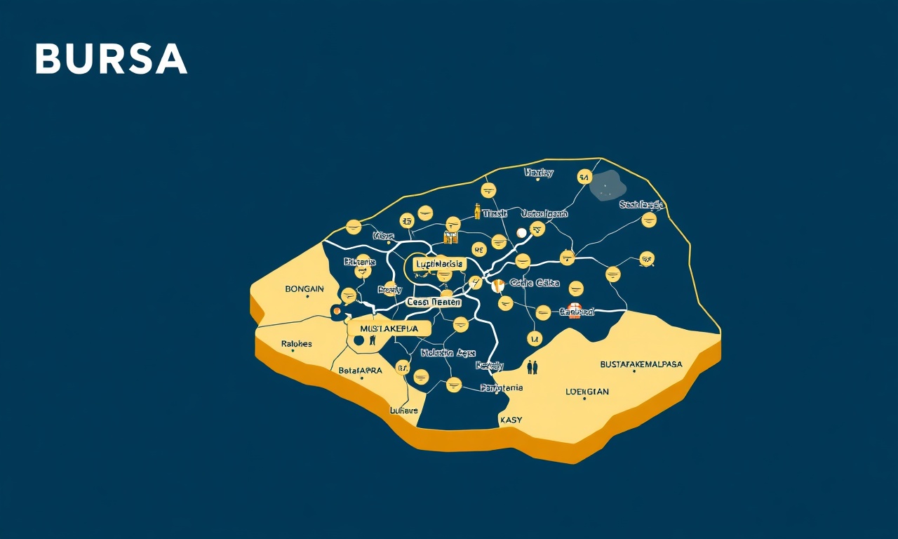 Bursa ili Mustafakemalpasa ve çevre ilçeler site yönetimi izometrik harita illüstrasyonu