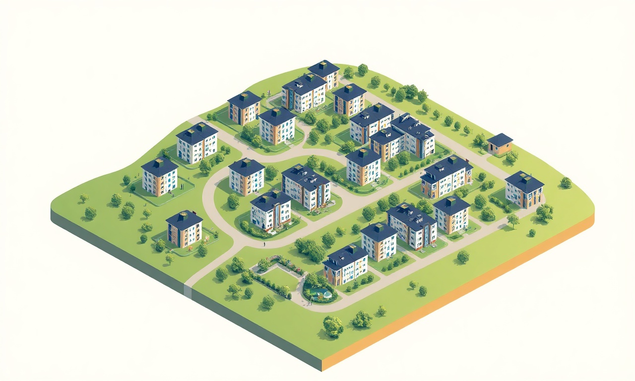 Orhaneli Bursa'da konut ve apartman silueti, lacivert altın renk paleti, izometrik mimari illüstrasyon