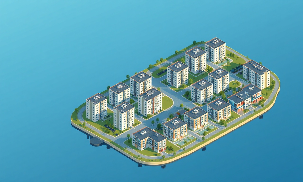 Orhangazi Bursa konut silueti — göl kıyısı apartman ve site dokusu izometrik illüstrasyon
