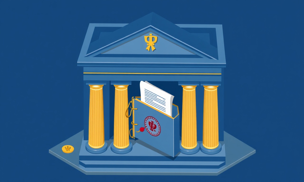 Site adına banka hesabı ve vergi kaydını simgeleyen banka binası ve belge klasörü izometrik illüstrasyon, lacivert ve altın renk tonu