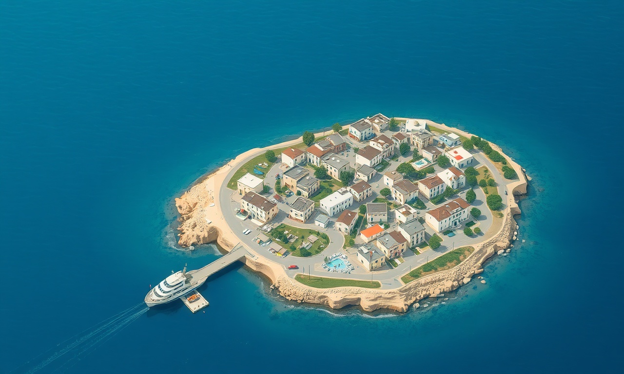 Bozcaada'nın ada koşulları, sezonluk turizm ve feribot bağlantısını gösteren izometrik illüstrasyon