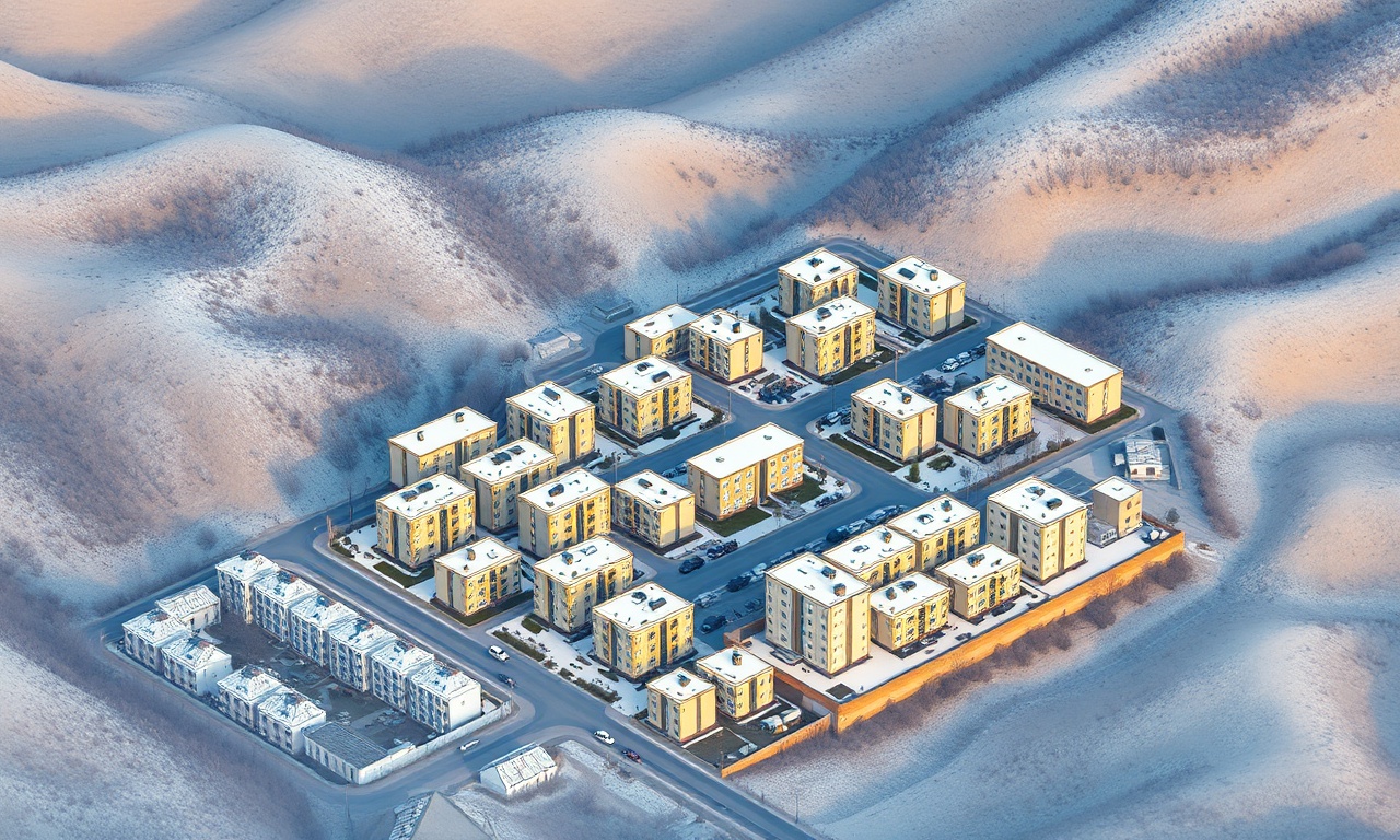 Kizilirmak ilçesinde karasal iklim altında apartman ve konut dokusu, lacivert-altın renk paleti