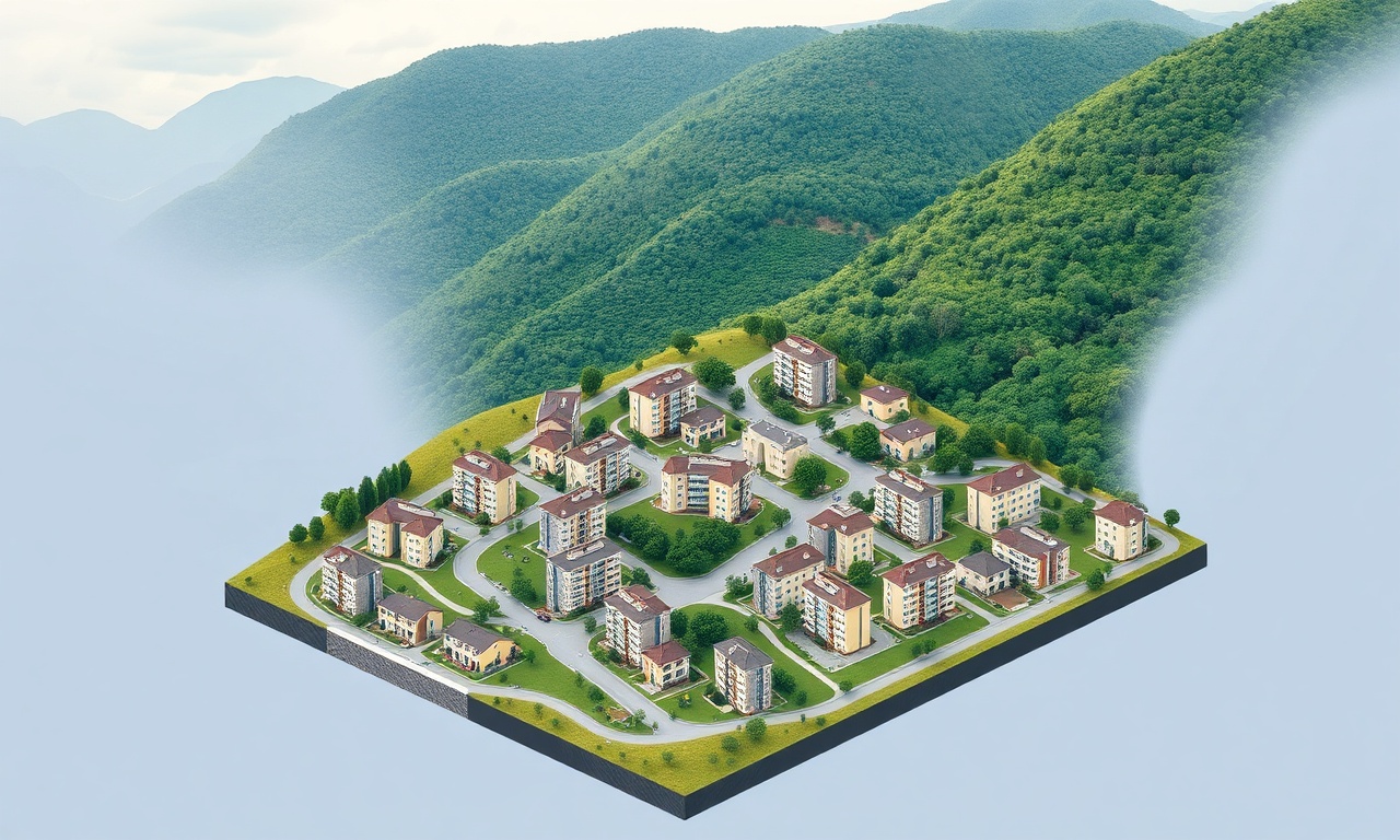 Bayat ilçesi konut silueti — Karadeniz bölgesi iklimi, nemli yeşil tepeler ve apartman dokusu