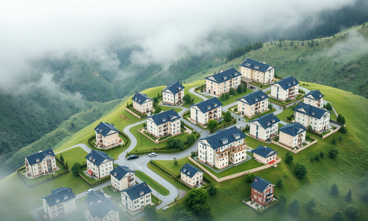 Dodurga, Çorum'da yağışlı Karadeniz iklimine özgü konut dokusu; yeşil yamaçlar arasında apartmanlar