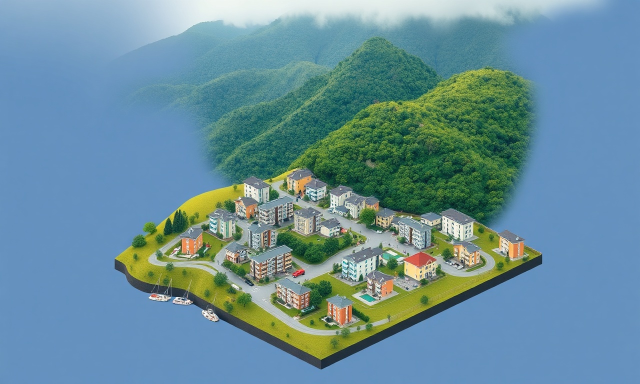 Karadeniz bölgesi yamaç üzerinde konut dokusu — Lacin ilçesi apartman ve bina silueti izometrik illüstrasyon