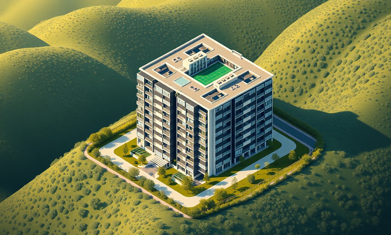 Acipayam Denizli'de bir konut sitesinin izometrik illüstrasyonu, lacivert-altın-krem renk paleti