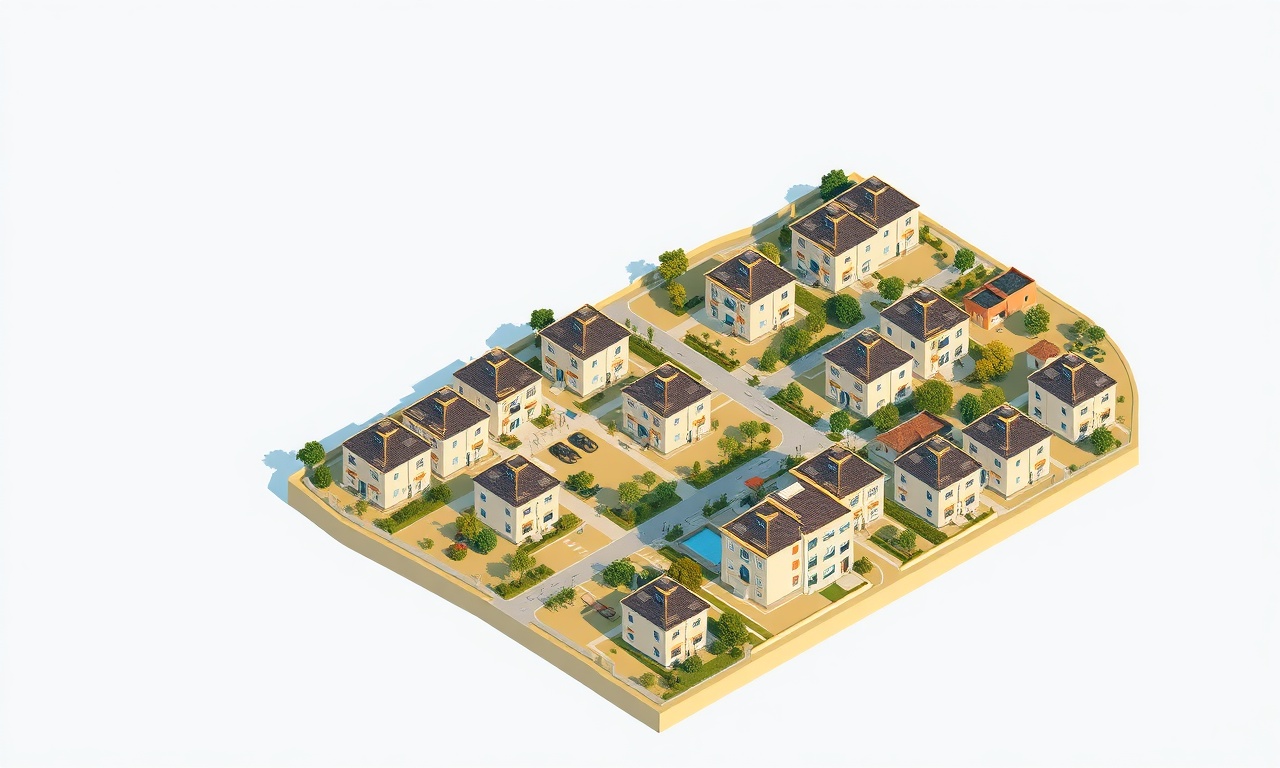 Baklan, Denizli'de apartman ve site konut dokusu — izometrik illüstrasyon