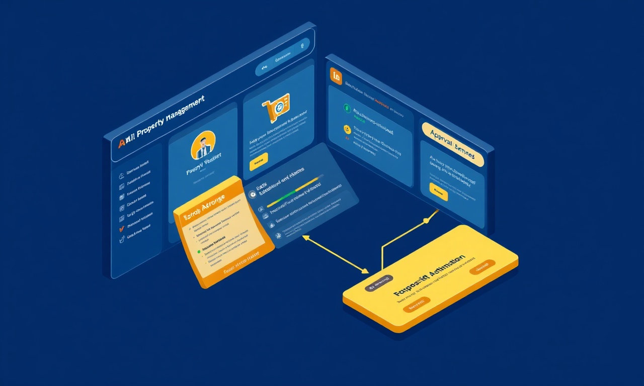 Yapay zeka destekli site yönetim panelini ve onay akışını gösteren izometrik illüstrasyon