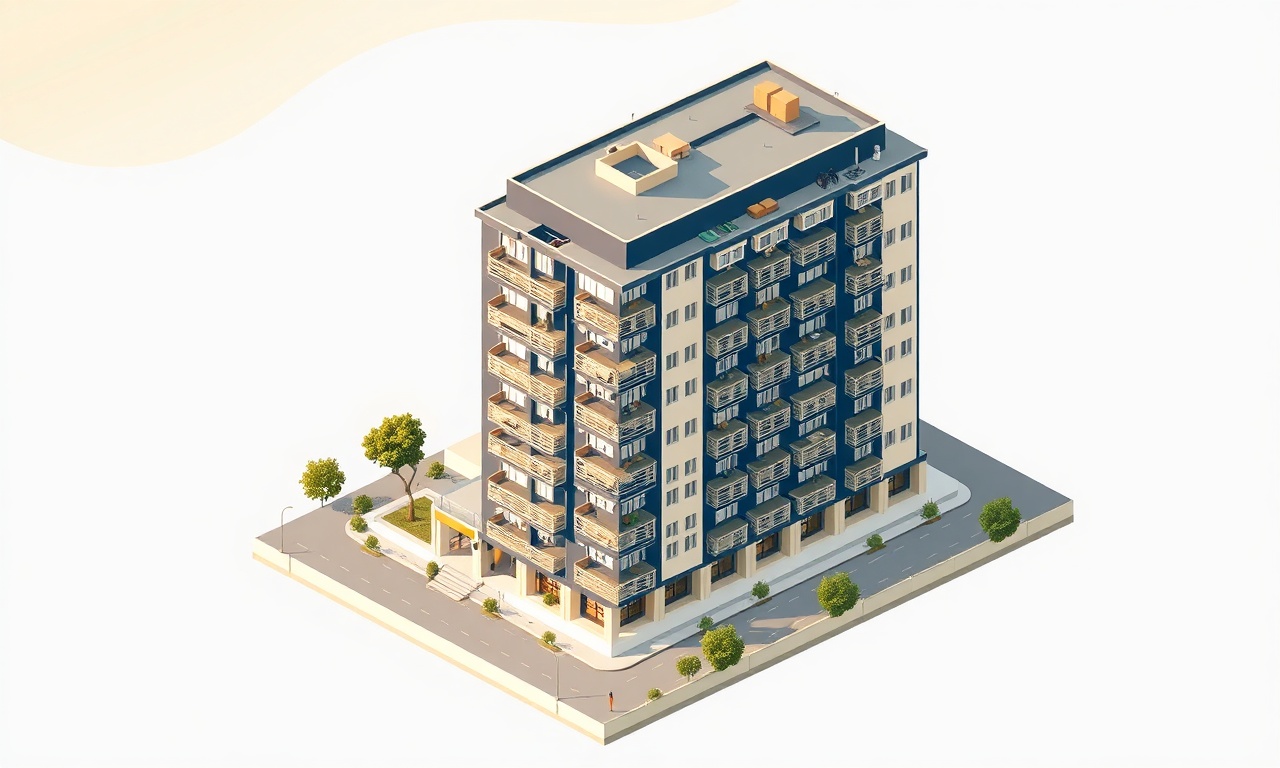 Cal Denizli'de bir apartman binasının izometrik çizimi, lacivert ve altın renk paleti