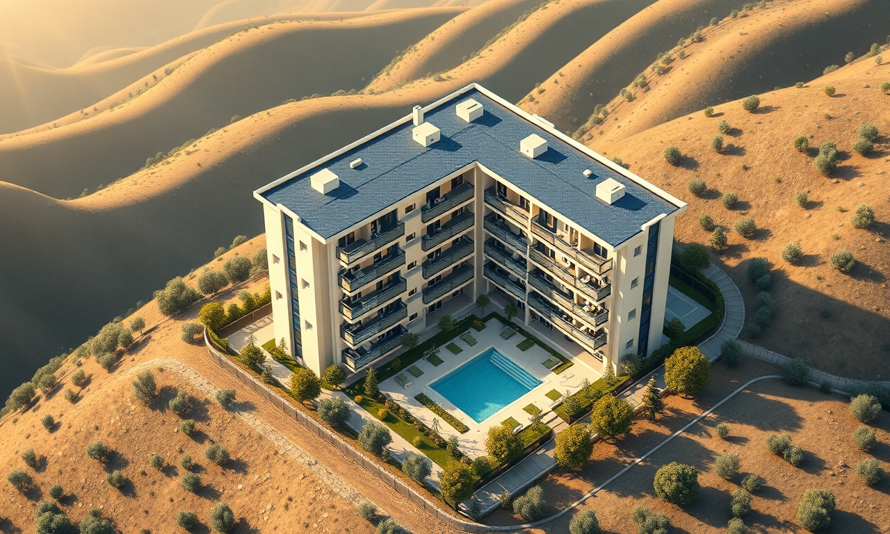 Guney, Denizli'de Ege manzaralı konut sitesi illüstrasyonu — lacivert ve altın tonlarında izometrik görsel