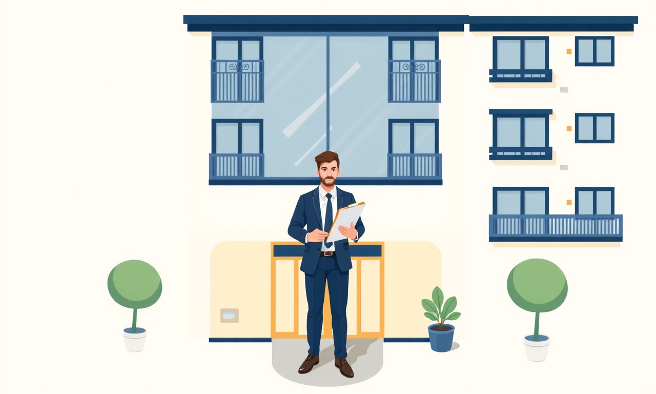 Kale'de yeni göreve başlayan site yöneticisini temsil eden izometrik apartman illüstrasyonu