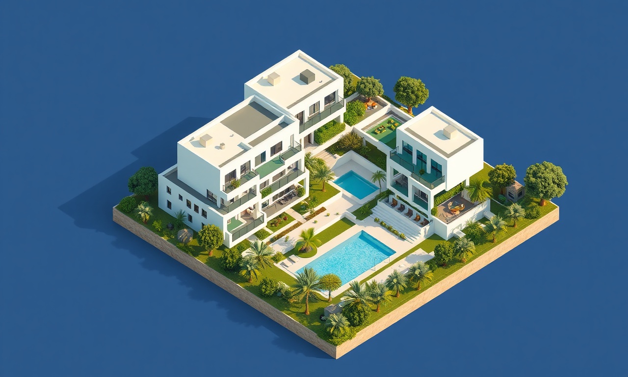 Pamukkale'de modern bir konut sitesinin izometrik havadan görünümü, lacivert ve altın renk paleti