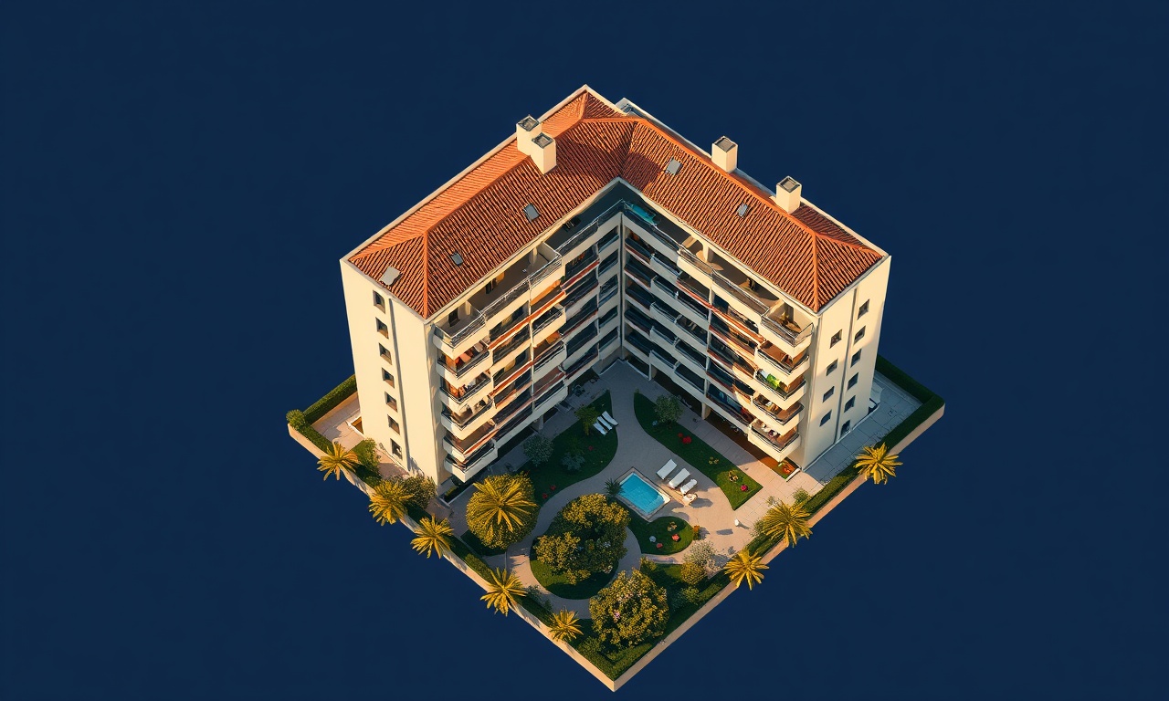 Saraykoy Denizli apartman sitesi izometrik illüstrasyonu, lacivert ve altın renk paleti