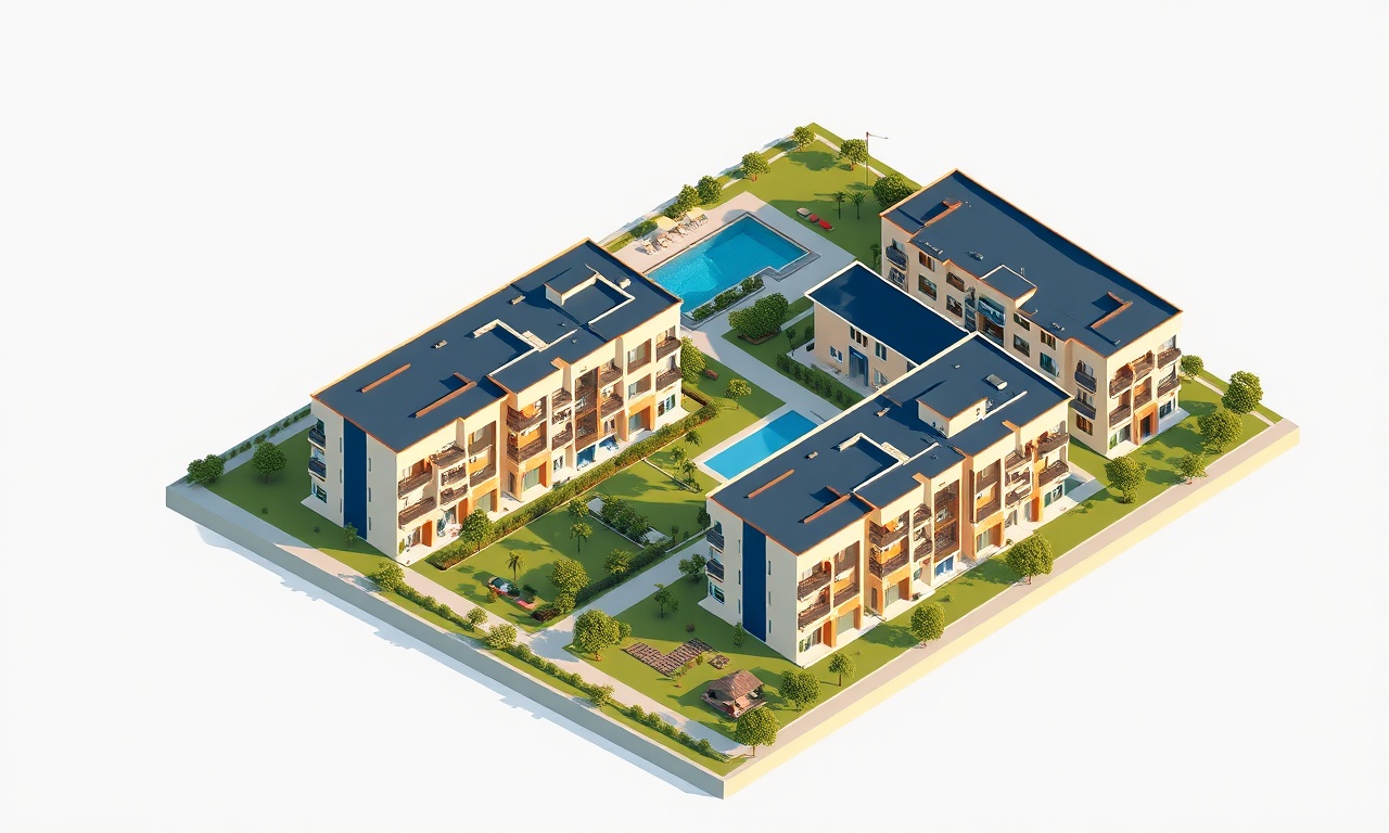 Serinhisar Denizli'de site ve apartman kompleksi, Ege iklimi, izometrik illüstrasyon
