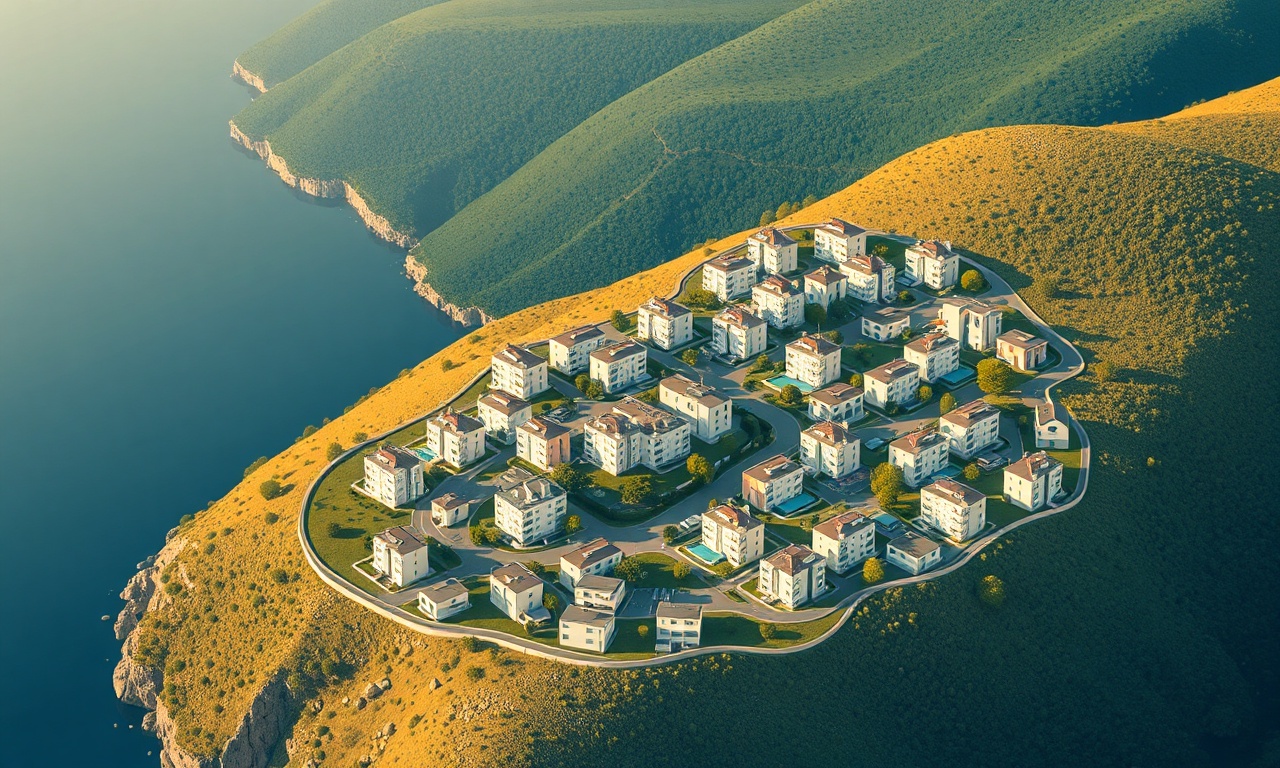 Tavas ilçesinde apartman ve site yapılarını temsil eden izometrik mimari illüstrasyon, lacivert ve altın tonlarında