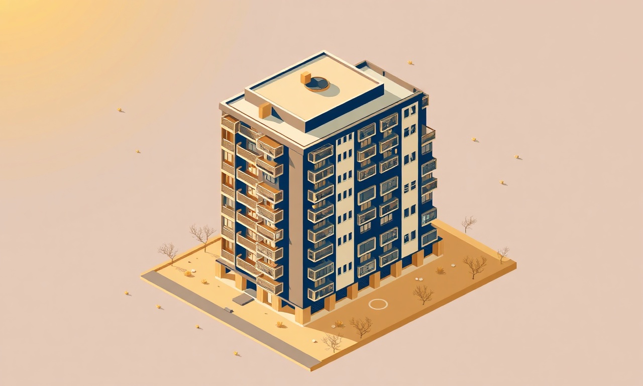 Cungus ilçesinde apartman ve site yönetimini simgeleyen izometrik bina illüstrasyonu, lacivert ve altın renk paleti