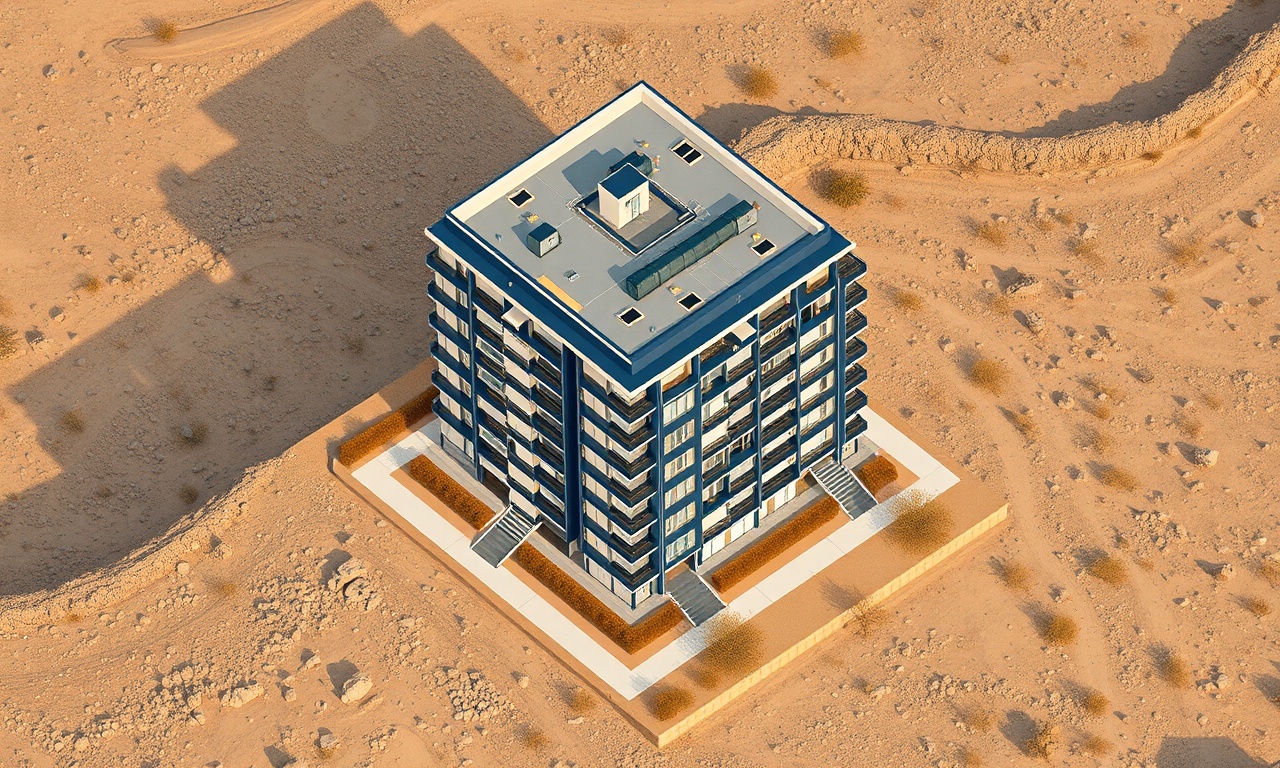 Egil, Diyarbakır'da kuş bakışı izometrik apartman bloğu illüstrasyonu, lacivert ve altın renk paleti