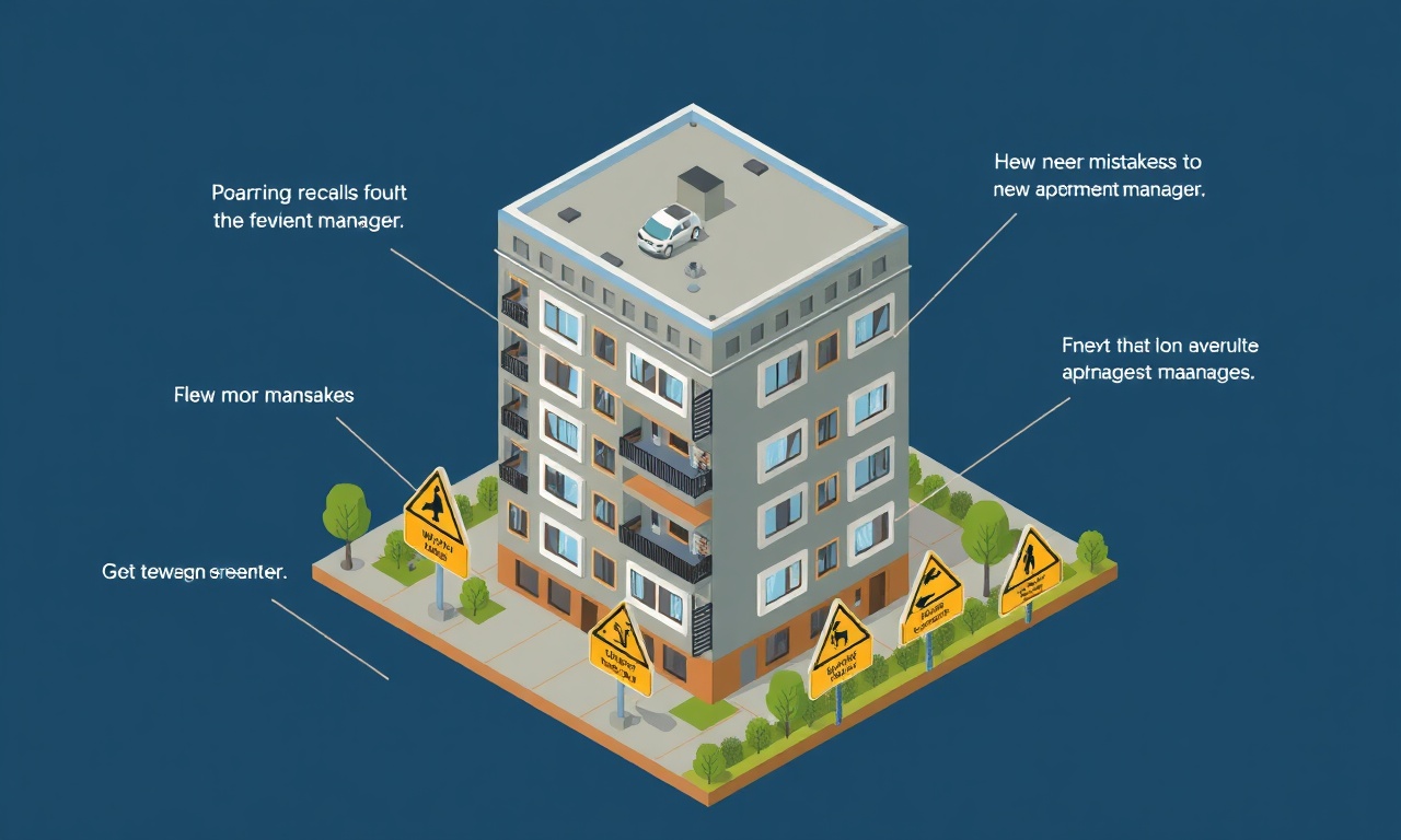 Yeni site yöneticilerinin sık yaptığı 7 hata, uyarı işaretleri ve apartman binası, izometrik illüstrasyon