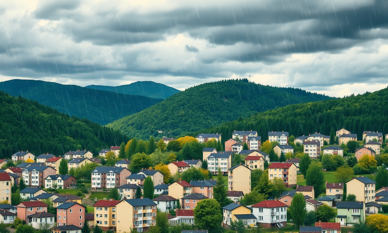 Cumayeri ilçesinde konut ve apartman blokları, Karadeniz bölgesi orman ve dağ silueti