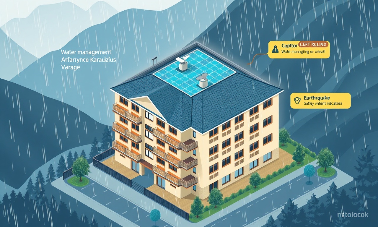 Karadeniz iklimi ve deprem koşullarının site yönetimine etkisini gösteren izometrik illüstrasyon