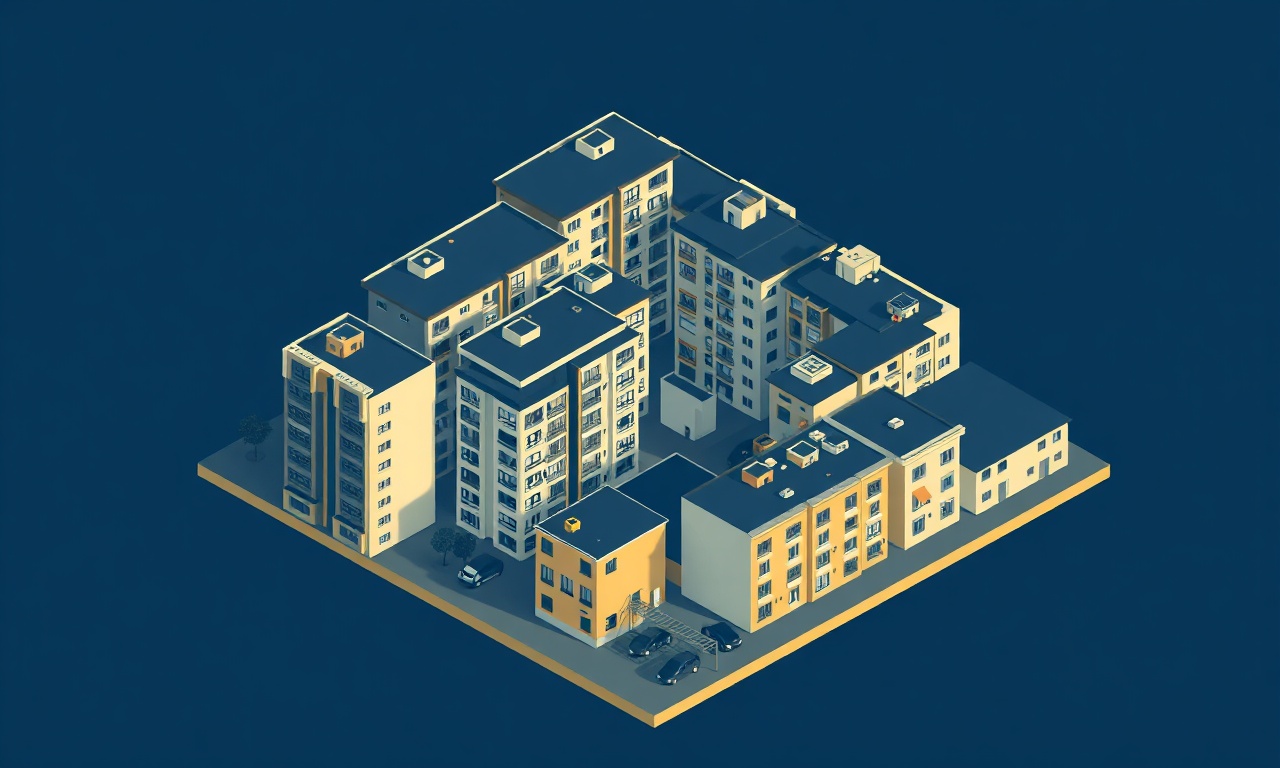 Kesan Edirne'de apartman ve site binaları izometrik illüstrasyon, lacivert altın renk paleti