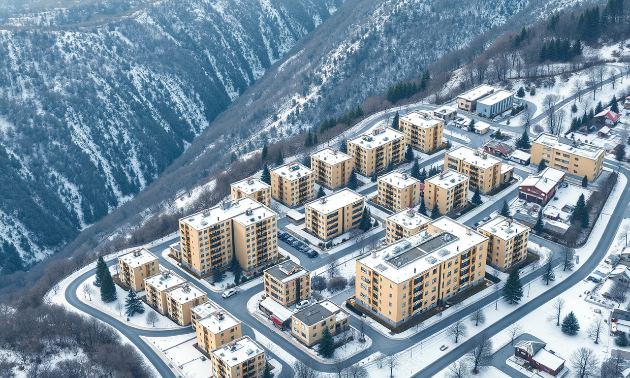 Keban ilçesinde çok katlı apartman ve konut bloklarından oluşan bina silüeti, Doğu Anadolu kış atmosferi, lacivert-altın-krem renk paleti