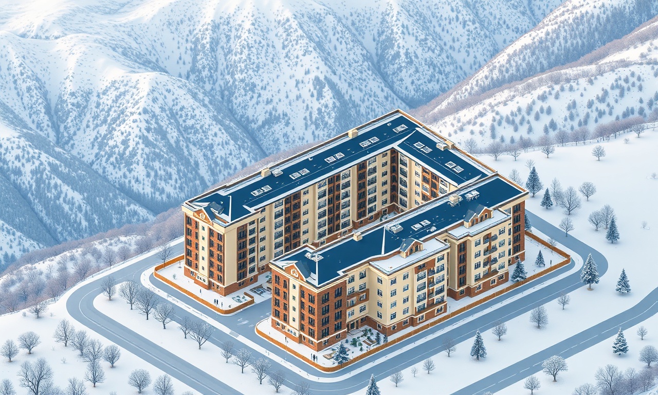 Erzincan Merkez ilçesinde kış manzarasıyla çevrili apartman ve site topluluğu — izometrik illüstrasyon
