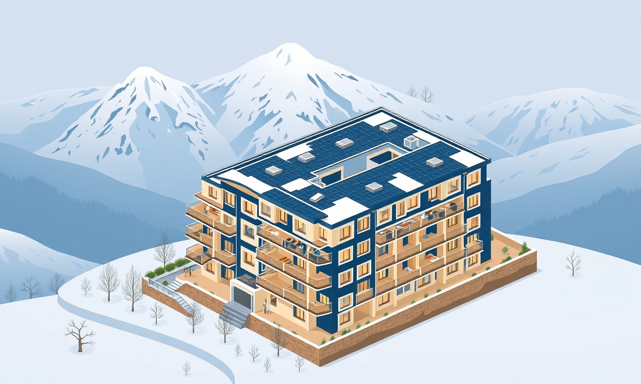 Refahiye ve Erzincan'da kışın apartman yönetimini temsil eden izometrik konut illüstrasyonu