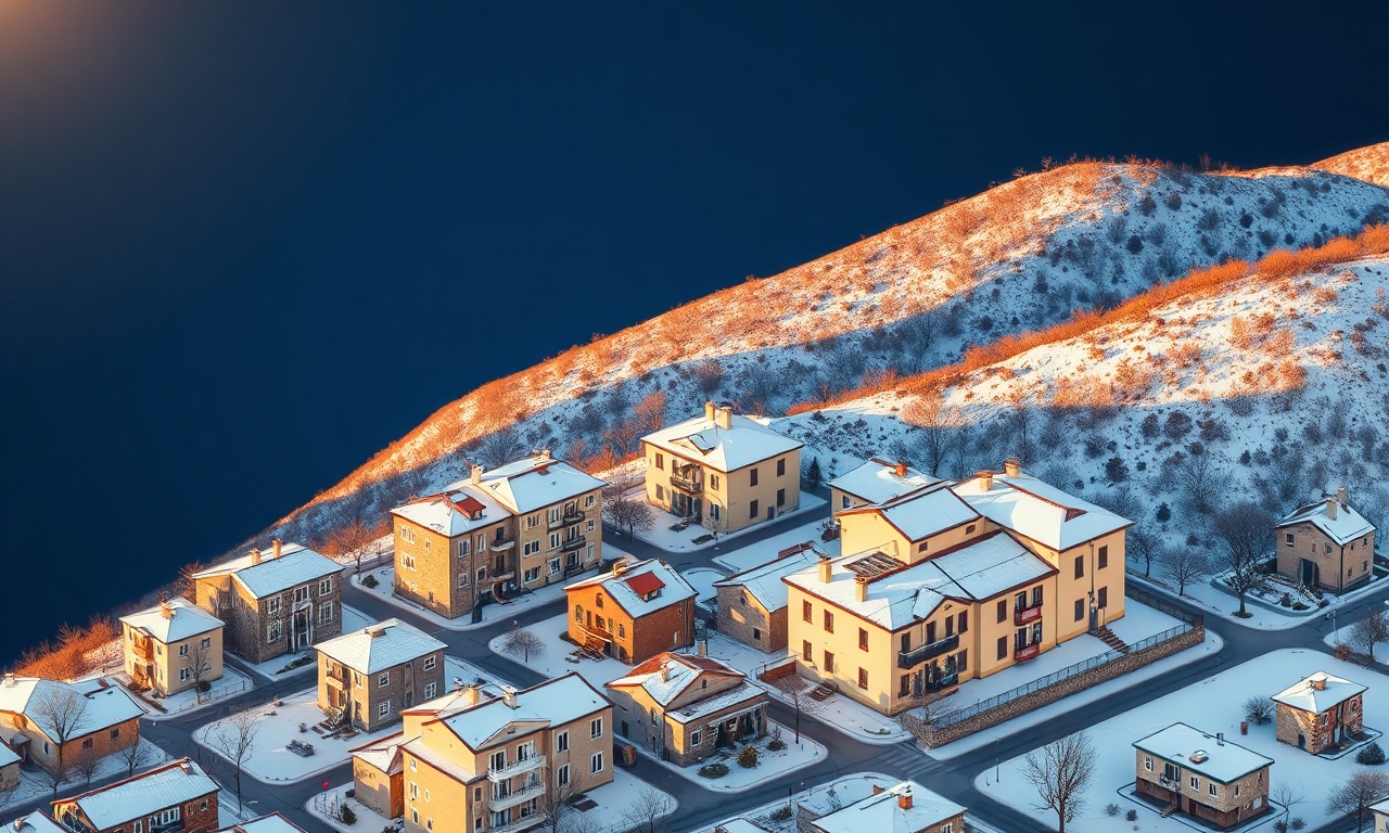 Askale, Erzurum — karlı dağ silueti önünde apartman ve konut dokusu, lacivert gökyüzü