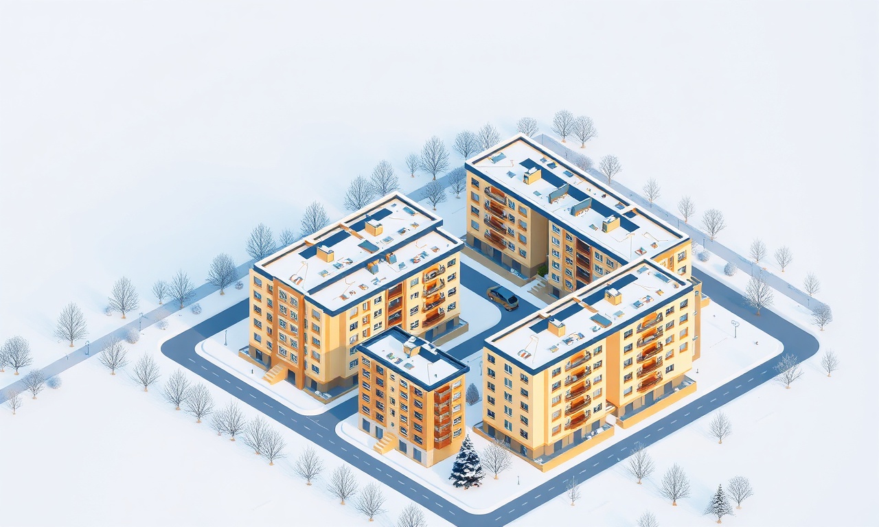 Aziziye, Erzurum'da karlı kış manzarasında izometrik apartman blokları illüstrasyonu