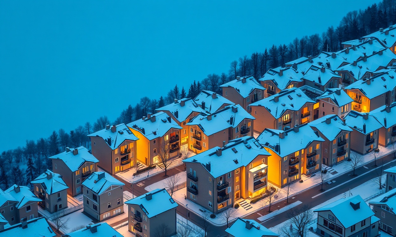 Cat ilçesi Erzurum'da kışın karla kaplı çatılara sahip apartman silueti, lacivert ve altın ton illüstrasyonu
