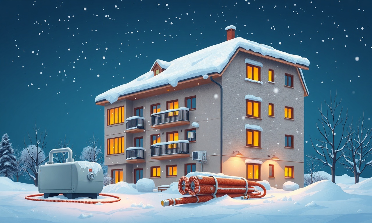 Erzurum kış koşullarında apartman ve ısıtma sistemi, izometrik illüstrasyon