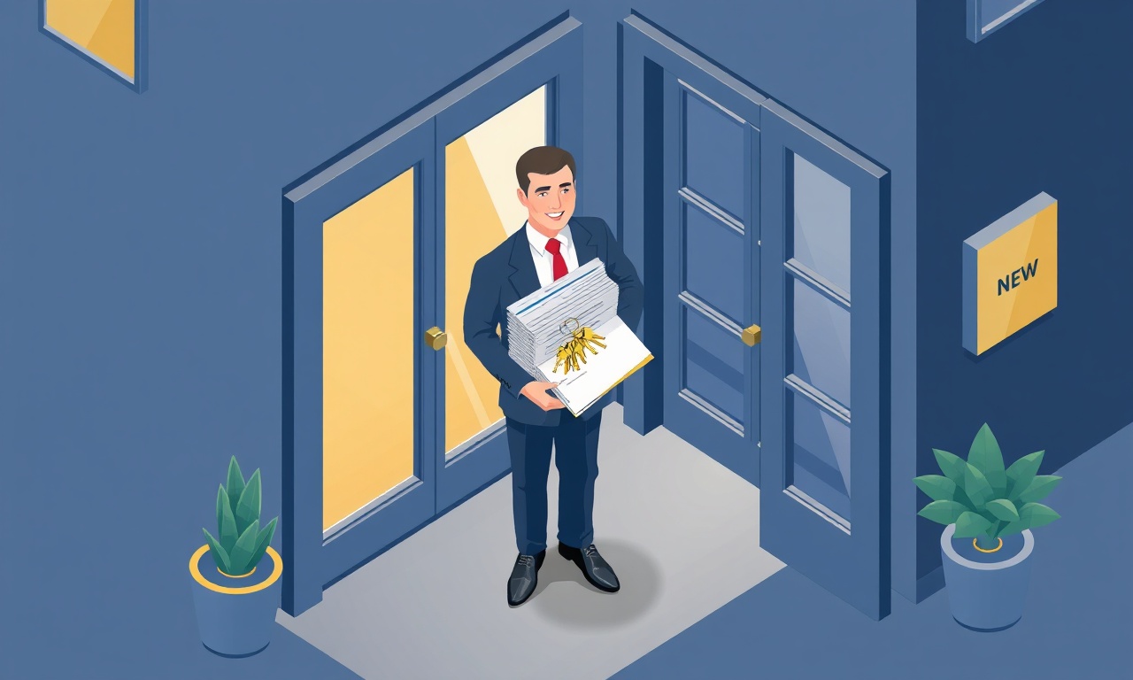 Yeni site yöneticisi devir-teslim belgelerini teslim alıyor, sembolik apartman kapısı önü çizimi