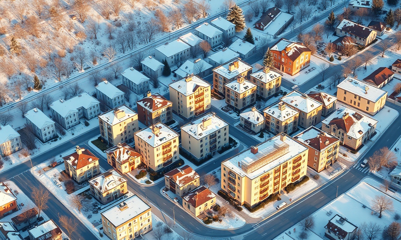Mihalgazi ilçesinde apartman ve site konut silueti, kış manzarası, lacivert altın renk paleti