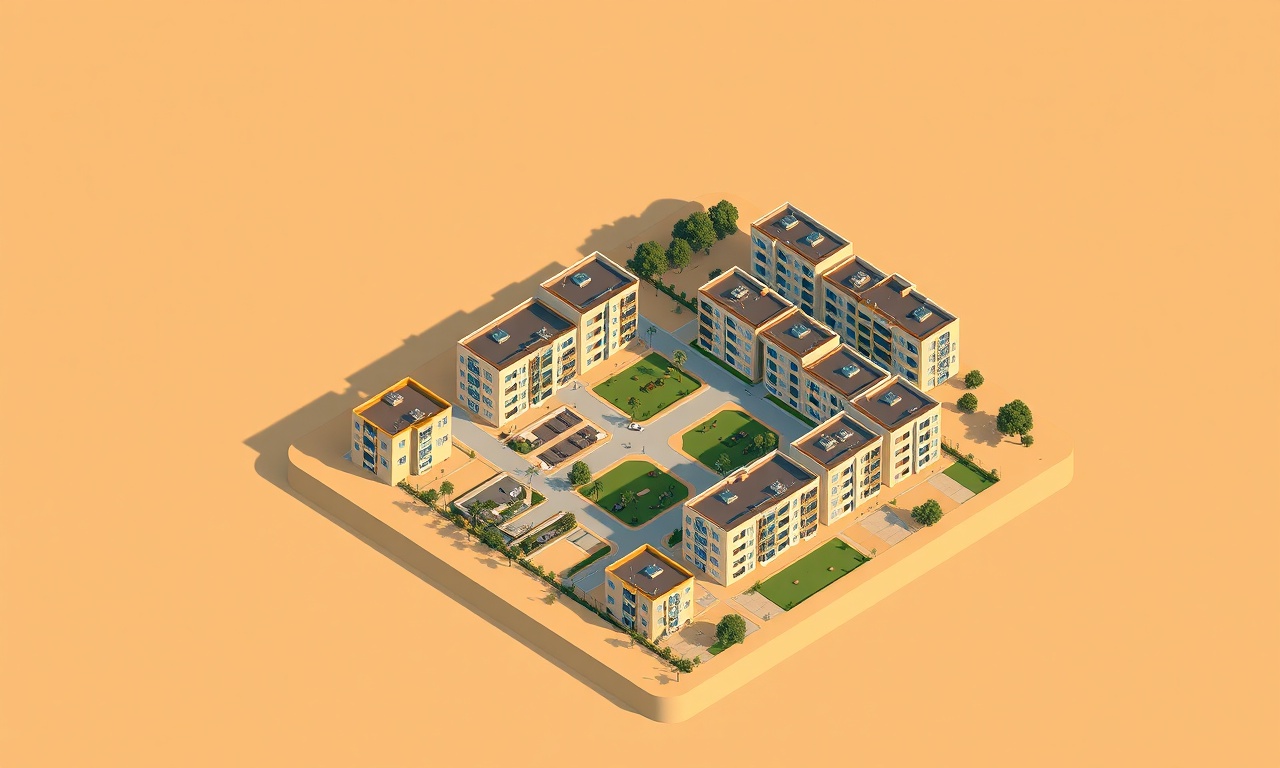 Araban ve Gaziantep'te çok katlı konut yapısını temsil eden izometrik çizimde lacivert ve altın tonlarında apartman silueti
