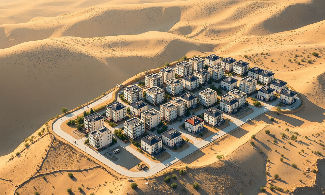 Islahiye ilçesinde apartman ve site yapılarının izometrik görseli, lacivert ve altın renk paleti