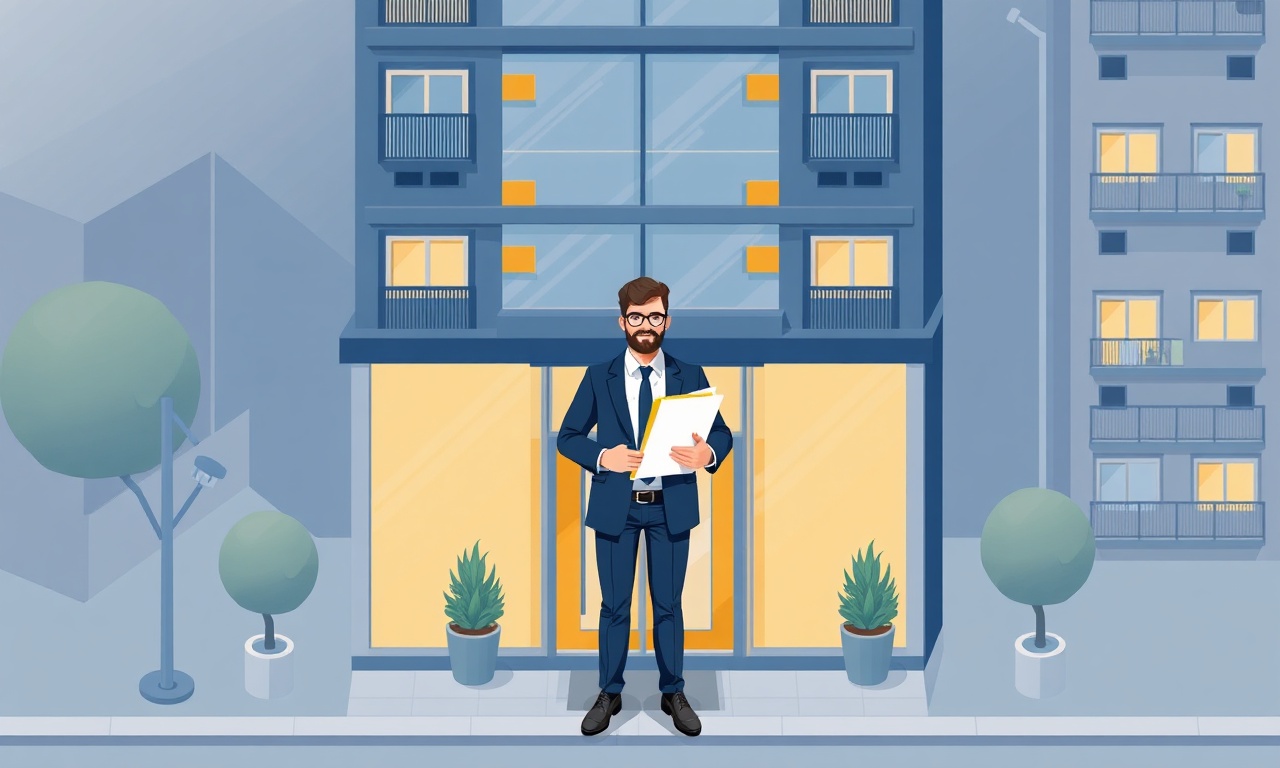 Yeni site yöneticisinin apartman girişinde belgelerle devir teslim aldığı izometrik illüstrasyon